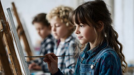 Children painting and learning at easels in a brightly lit art studio classroom