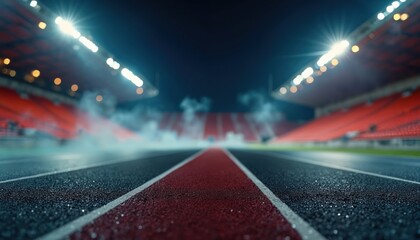 Empty stadium running track under bright spotlights at night. Red, black lanes ready for intense athletic competition. Haze covers ground, adding drama to sport venue. Empty spectator seats await big