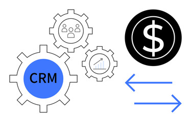 Gears labeled CRM, graphs, and team icons interconnect with a dollar sign and bidirectional arrows. Ideal for sales, CRM, teamwork, analytics, business growth transaction marketing. Simple flat