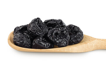 Prunes in wooden spoon isolated on white background, heap of dried plums