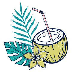 A refreshing coconut drink with a straw, adorned with tropical leaves and a delicate flower, evokes the essence of a sunny beach vacation