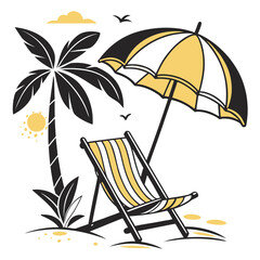 A vibrant beach scene featuring a beach chair, umbrella, and palm tree, ideal for summer vacation designs a sunny and inviting image for travel themes