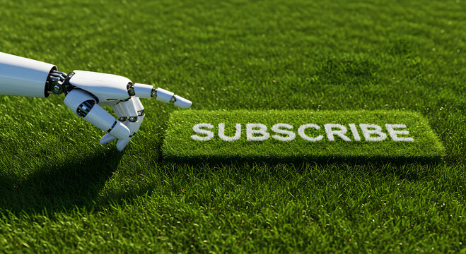 White robotic hand with articulated fingers about to press a Subscribe button made of grass on a lawn