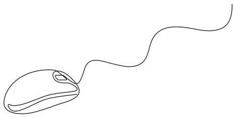 Computer mouse continuous one line drawing, Single line art illustration white background, Drawn continuous one line computer mouse logo, computer mouse equipment continuous line art illustration.
