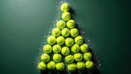 A group of yellow tennis balls is arranged in the shape of a Christmas tree on a green background, with a dusting of white powder resembling snow. for sports Christmas tennis advertising