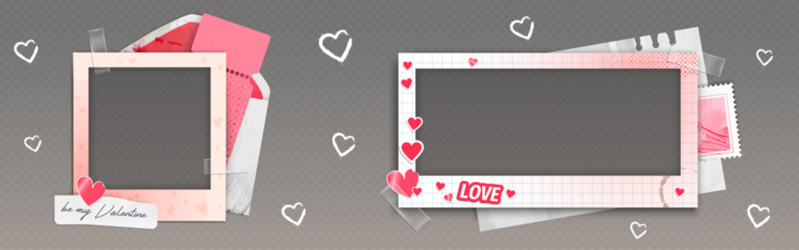 Social media frame templates with love theme for sale promotion - pink photo borders, heart decorations and Valentine message cards. Digital scrapbook elements with romantic holiday designs.