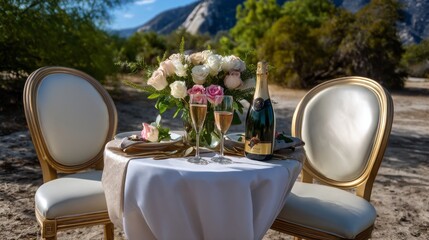 A couple is having a romantic dinner on a beach with a bottle of champagne