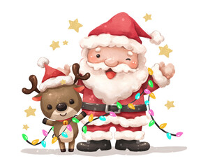 Watercolor cartoon illustration of santa claus and reindeer wrapped in Christmas lights . Hand drawn digital painting . Transparency background .