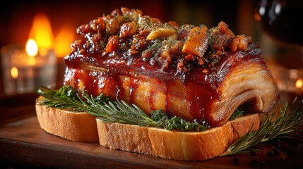 Gourmet Glazed Pork Belly on Toast with Herbs, Fine Dining Culinary Presentation, Warm Fire Ambiance