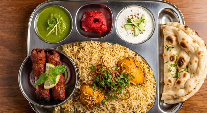A delicious and colorful traditional Indian thali meal served on a steel plate, featuring rice, curries, naan bread, chutneys, and appetizers, representing the rich flavors and diversity of Indian cui