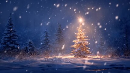Glowing christmas tree in winter landscape with falling snow - Powered by Adobe