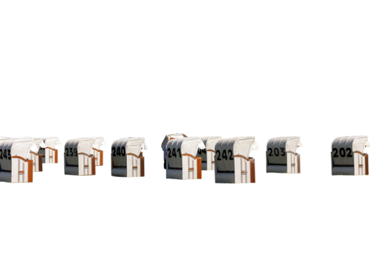 Beach chairs on white: Row of numbered, isolated beach chairs on a white background