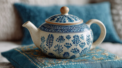 Floral ceramic teapot on decorative blue cushion.