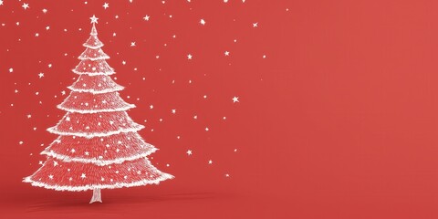 Hand Drawn Christmas Tree with Star on Red Background, Holiday Season Greeting Card, Festive Winter Design, Elegant Christmas Illustration