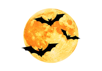 3d illustration of bats flying in front of a large orange full moon isolated on transparent background