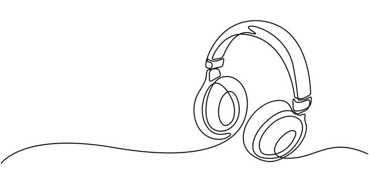 Vector one Continuous line drawing of headphones speaker headset gadget and earphones devices minimalist, Continuous one line drawing of headphones speaker for podcast web banner, head accessory.