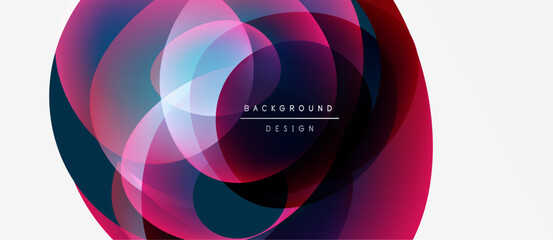 Abstract circles overlap, creating vibrant color gradients. Pink, purple, teal hues dominate design. Text reads background design.