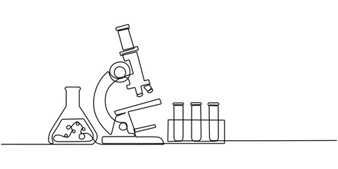 Lab experiment tools in continuous single one line art drawing, Minimalist glassware for laboratory research., Chemical lab flask, Laboratory test tube in continuous one line drawing,  Hand drawn.