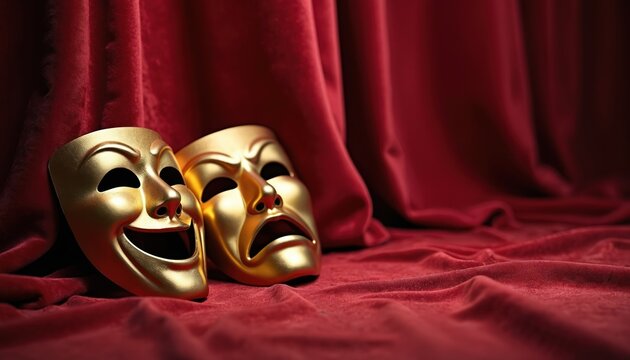 Two gold theatre masks lie on red velvet curtain. Comedy, tragedy symbolise drama performance. Represent acting show, art, culture entertainment industry. Masks express emotion, feelings on play,