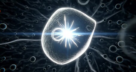 Illuminated cell structure with radiant energy in a dark background - Powered by Adobe