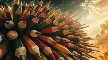 Vibrant colored pencils burst forth, pointing to a celestial sky. Creativity ignites under a cosmic backdrop.