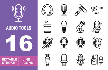 Audio set of web icons in line style. Containing Microphone, Headphone, Device, Podium and more. Editable stroke icons collection.
