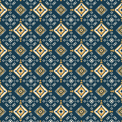 Geometric Ikat seamless pattern, fabric, boho style, clothing, print, wallpaper design on navy background