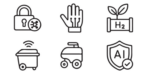 Technology Icons, Artificial Intelligence and Sustainable Innovation Collection Showing Cybersecurity Robotics Hydrogen Energy Smart Automation and AI Protection Design Concept