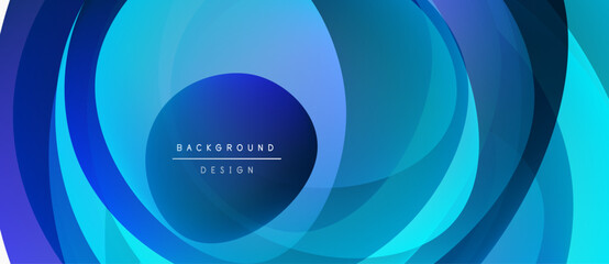 Abstract blue layers create dynamic circular pattern. Modern design features gradient shades, text reads background design. Smooth transitions, visually appealing.