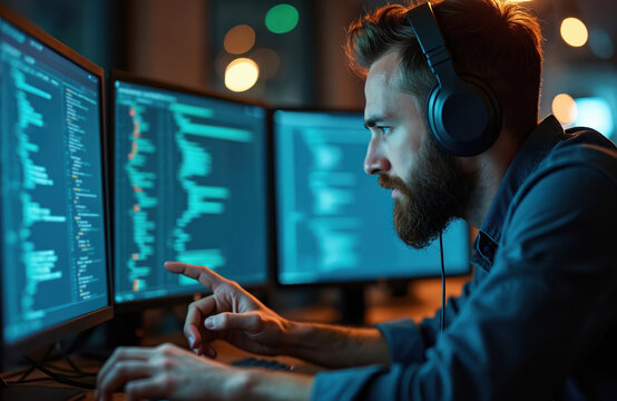 Man works on computer with three monitors, wears headphones. He points at screen, focused on data analysis. Person uses keyboard, looks at graphs.