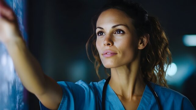 A focused female healthcare professional examines a glowing digital interface representing advanced medical technology and data analysis