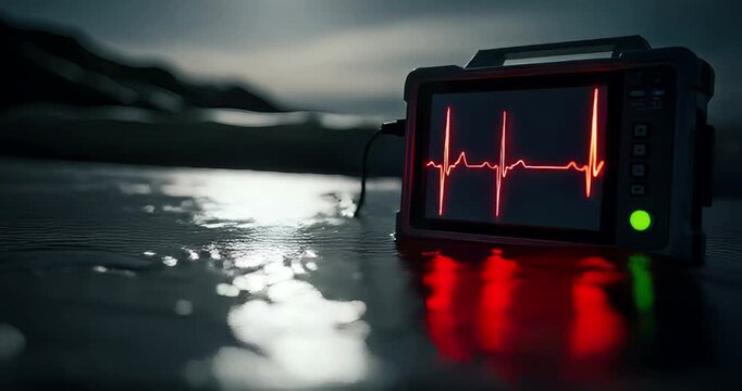 Heart rate monitor displaying vital signs on a reflective surface at dusk