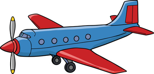Cartoon airplane illustration, blue fuselage, red wings, propeller aircraft, children’s transport drawing, colorful plane design, vector art, aviation theme