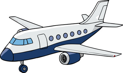 Cartoon airplane illustration, white and blue jet, commercial aircraft drawing, passenger plane design, aviation vector art, children’s transport, travel theme © Ashik World
