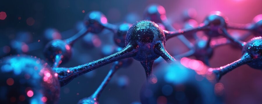 Molecular structure with neon blue, purple glowing atoms, bonds on dark background. Futuristic scientific illustration. Atomic model with vibrant colors, dynamic lighting. 3D rendered image of - Powered by Adobe