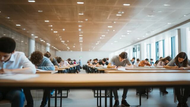Exam Hall Serenity: A large exam hall is filled with students, focused on their tests, highlighting a moment of intense concentration and the pursuit of knowledge. 