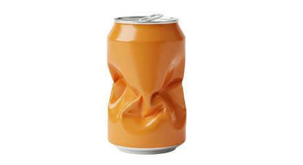 Isolated crushed aluminum drink can, damaged container showing strong texture, orange color