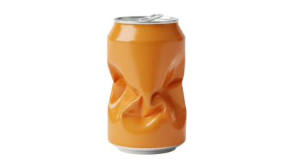 Isolated crushed aluminum drink can, damaged container showing strong texture, orange color