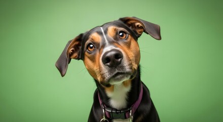 Cute dog with head tilted isolated on green screen. Pet studio portrait for chroma key effect. Playful domestic animal.