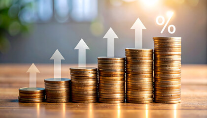 Rising piles of coins with upward arrows and percent sign, concept of finance, interest rate, and wealth accumulation.