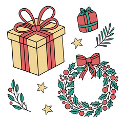 Delightful christmas elements featuring a gift box with ribbon, a wreath of holly and berries, stars, and sprigs of greenery, creating a cheerful holiday scene