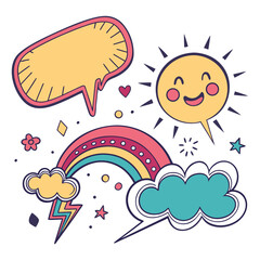 A whimsical cartoon illustration featuring speech bubbles, a smiling sun, and a rainbow, creating a cheerful and imaginative scene perfect for childrens content