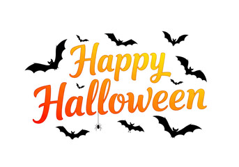 3d illustration of happy halloween text with flying bats isolated on transparent background