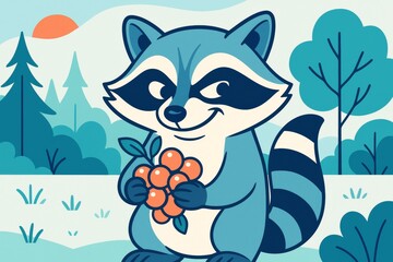 Cute cartoon raccoon holding berries on a light forest background during sunrise in a creative flat style illustration with nature elements. Ai generative