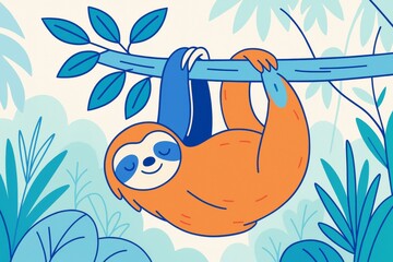 Fototapeta premium Cute orange sloth hanging on a tree branch with leafy jungle background in flat cartoon style, relaxed and peaceful concept illustration. Ai generative