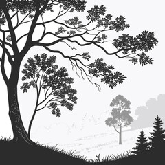 Silhouette of a tree in a serene landscape, , creating a peaceful and tranquil scene with a touch of artistic elegance and natural beauty
