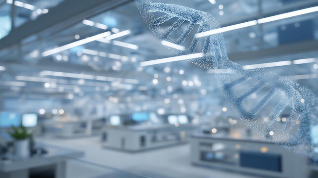 Modern biotech laboratory where transparent holographic DNA structures float among high-tech sequencing devices, symbolizing cutting-edge medical science, genetic research, and futuristic