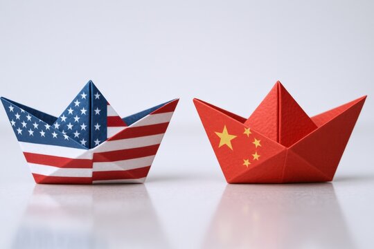USA versus China: Trade War Concept with American Flag Boat against Chinese Flag Boat