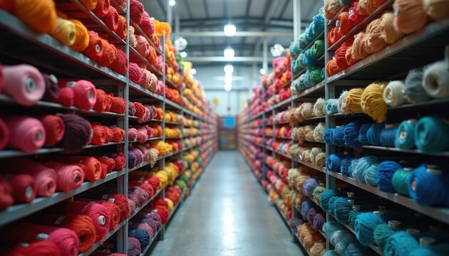 Colorful yarn warehouse aisle with shelves full of thread spools in various colors. Storage facility for textile production. Rows of yarn on metal racks in factory. Supply chain for fashion industry.