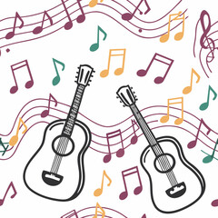 Acoustic guitars and musical notes create a harmonious seamless pattern, perfect for musicthemed designs, featuring a blend of colors and elegant lines